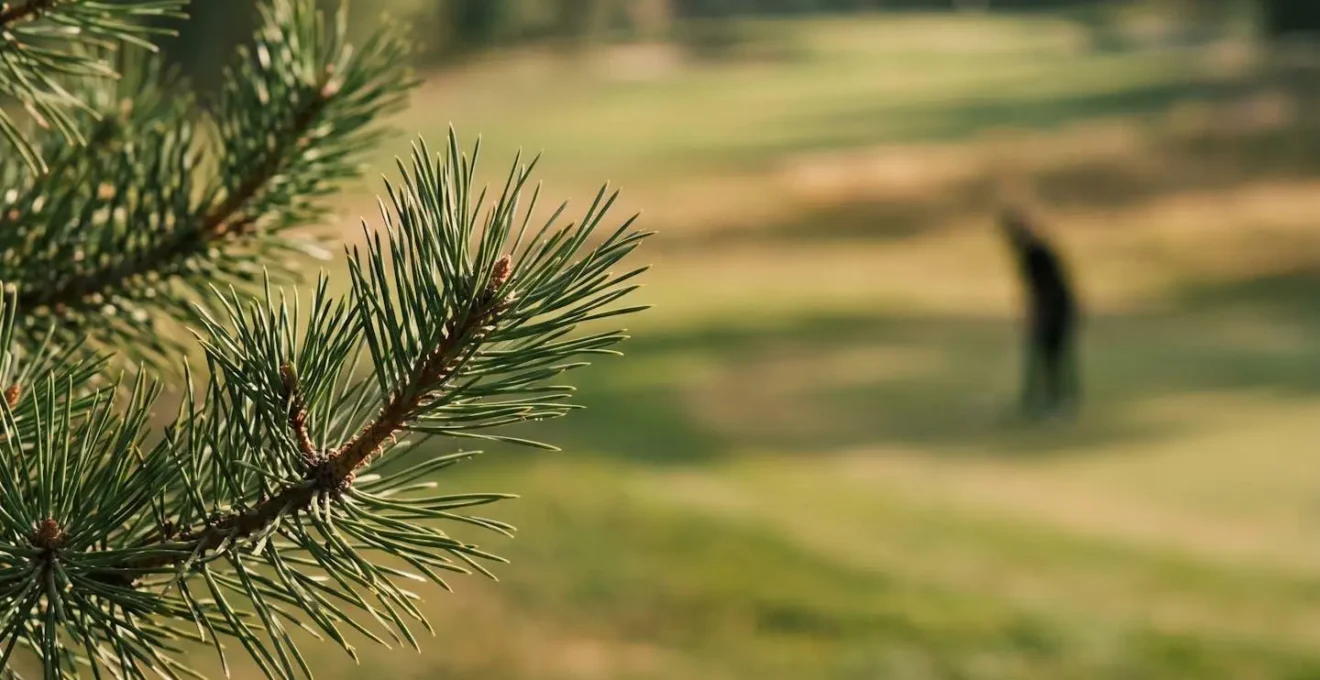 Golf course pine tree with needles in sharp focus against soft-focus fairway background capturing sensory experience