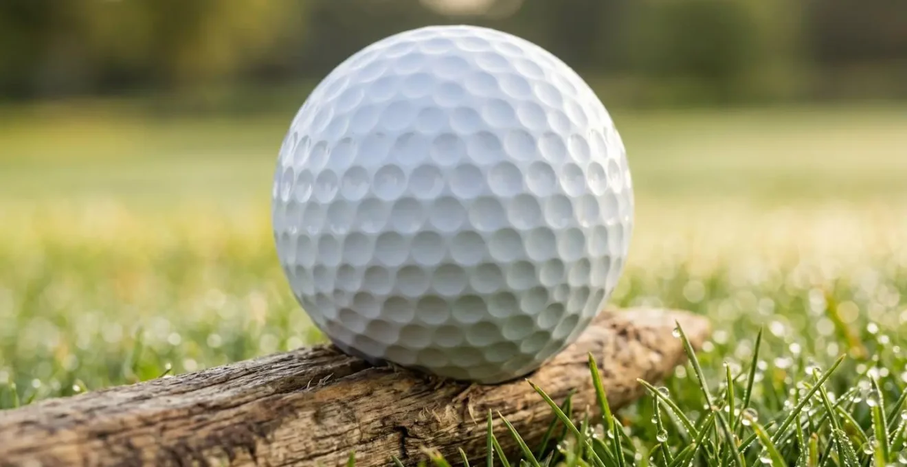 Extreme macro shot of golf ball dimples with tee and grass texture
