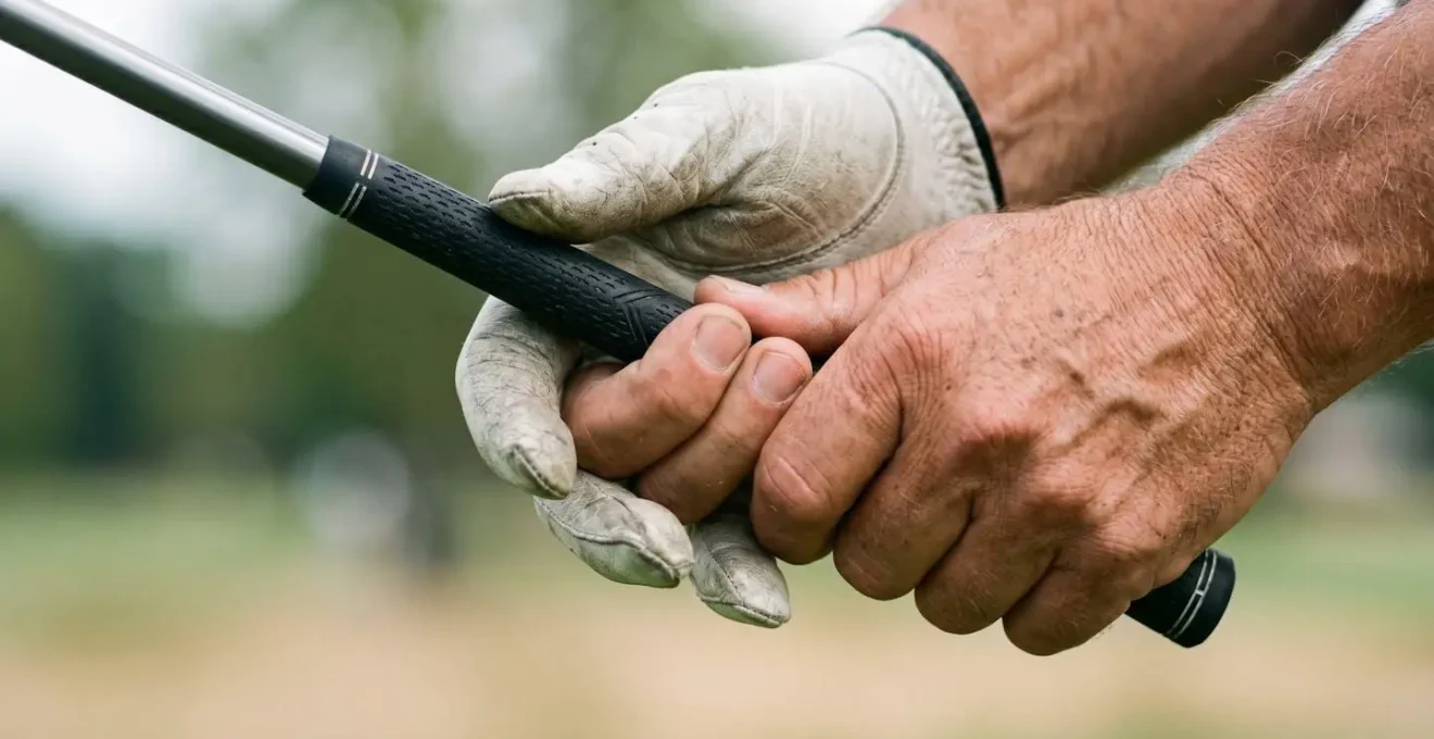 Close-up of golfer's hands and club during pre-shot routine visualization
