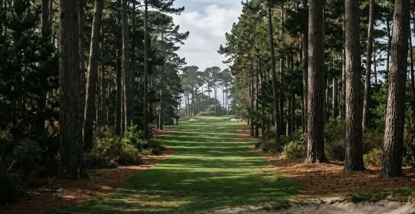 Dense Monterey pine forest corridor framing Spyglass Hill golf hole with dramatic elevation changes
