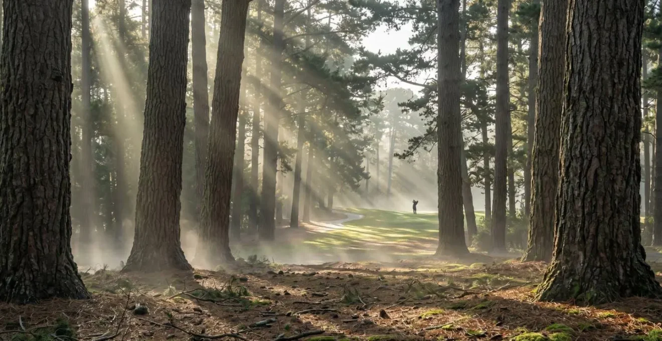 Serene morning view through pine trees at Spyglass Hill Golf Course with filtered sunlight