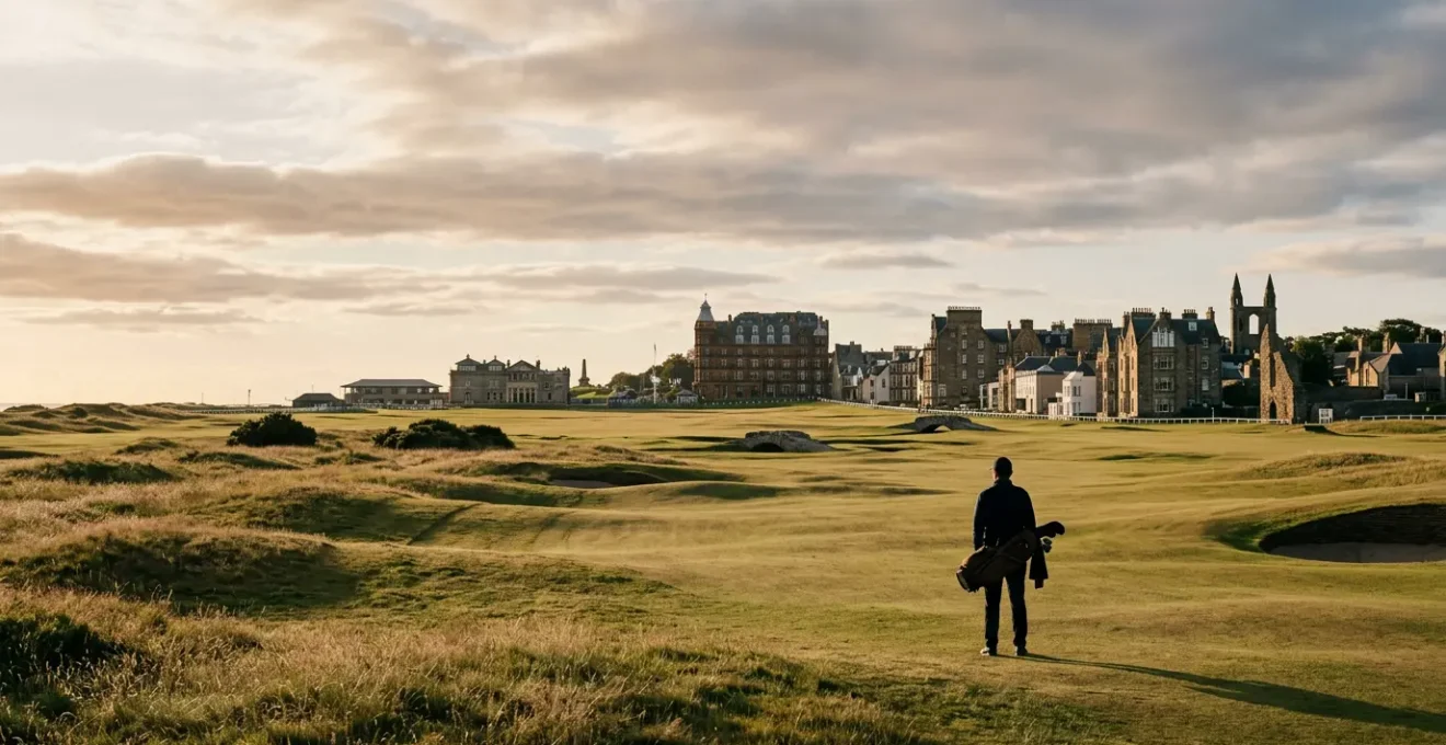 Golfer contemplating St Andrews Old Course with iconic clubhouse and Swilcan Bridge in golden light
