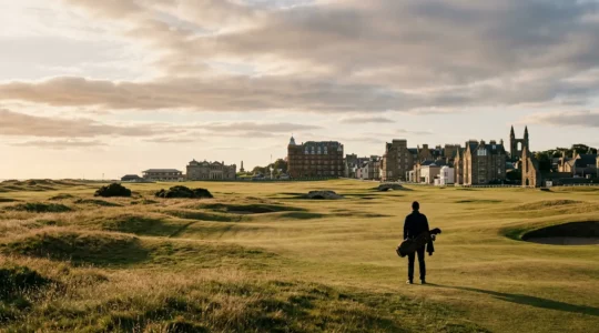 Golfer contemplating St Andrews Old Course with iconic clubhouse and Swilcan Bridge in golden light