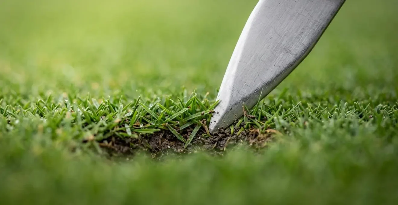 Close-up demonstration of star pattern repair method on golf green