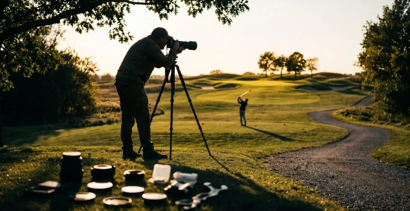 Professional golf course photography setup demonstrating three-shot story method at golden hour