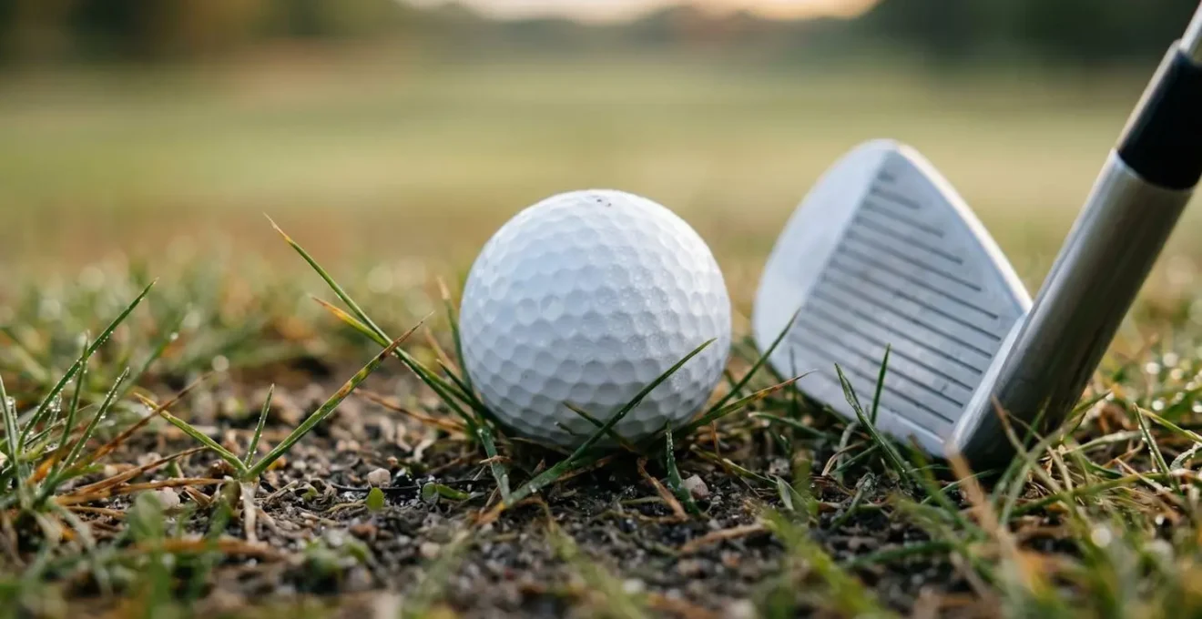 Close-up macro shot of golf ball on tight fairway lie showing minimal grass beneath