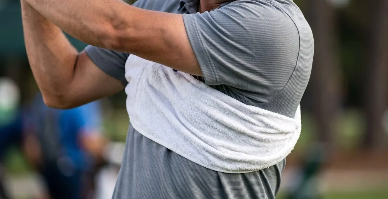 Golfer performing towel drill with fabric tucked under arms during swing