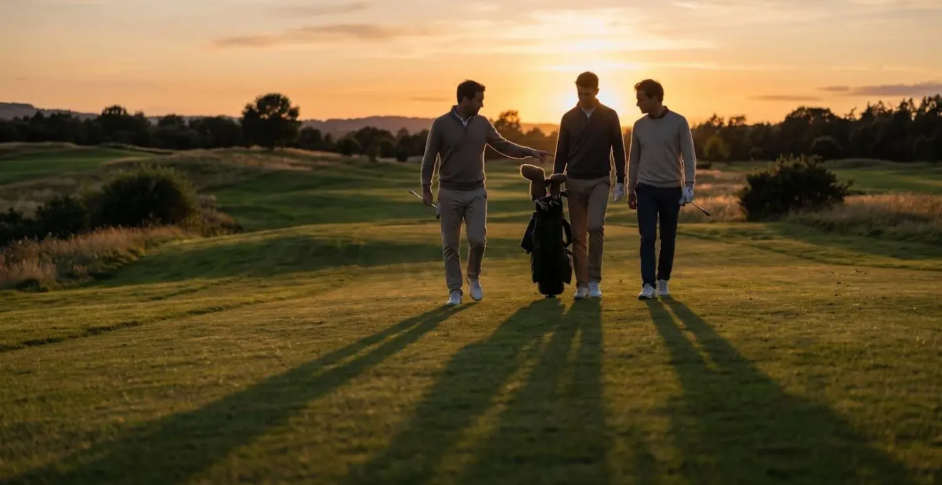 Peaceful twilight golf scene showing beginners enjoying a relaxed 9-hole round