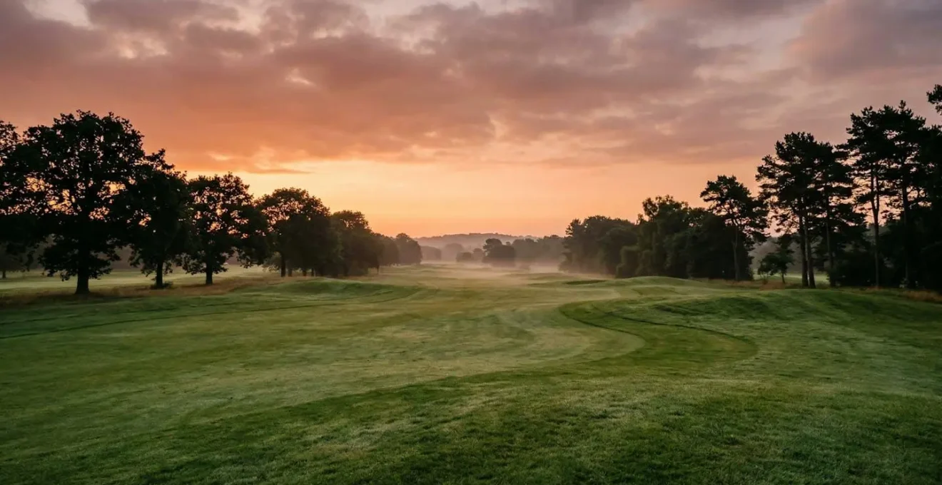 Serene twilight golf course with golden hour lighting casting long shadows across fairways