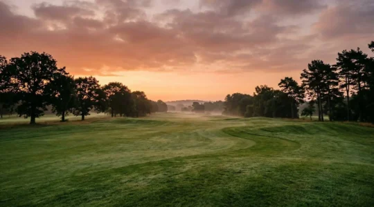 Serene twilight golf course with golden hour lighting casting long shadows across fairways