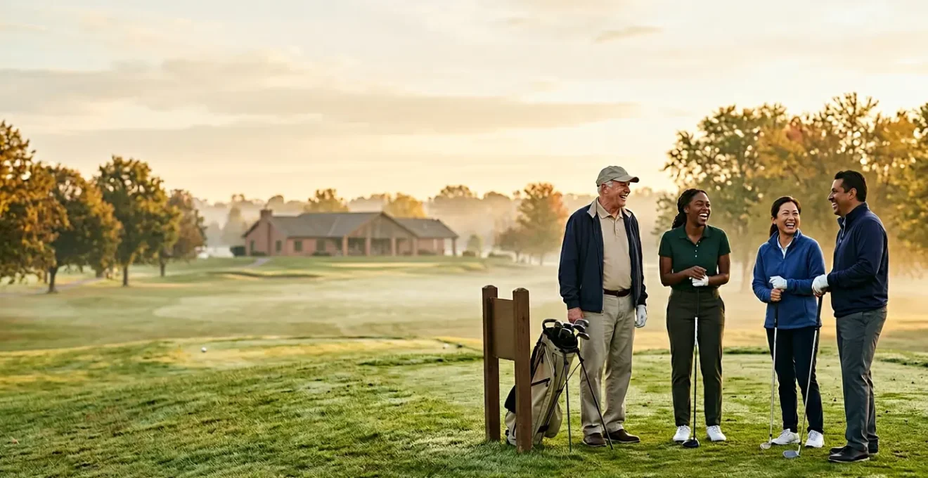 Diverse group of beginner golfers enjoying a relaxed round at a welcoming municipal golf course