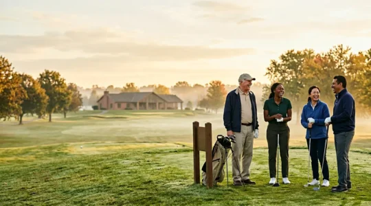 Diverse group of beginner golfers enjoying a relaxed round at a welcoming municipal golf course