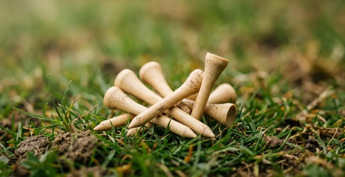 Symbolic comparison showing sustainable bamboo golf tees beside natural grass environment with organic decomposition elements