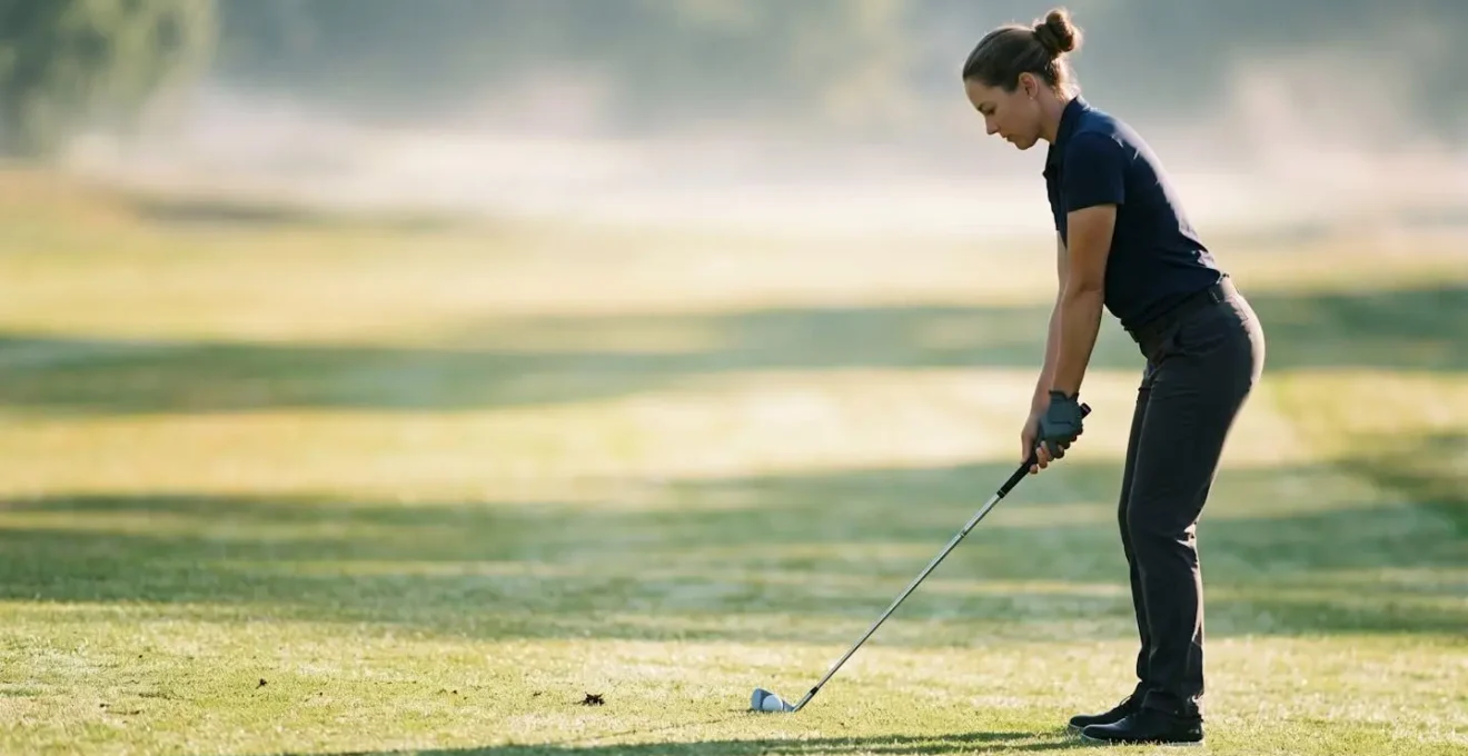 Side view of golfer maintaining proper spine angle at address on tight fairway