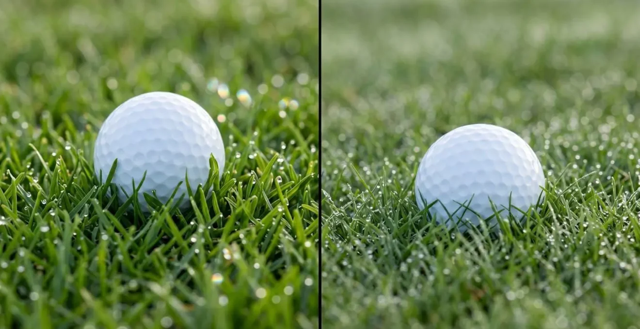 Extreme close-up comparison of golf ball sitting on different grass types